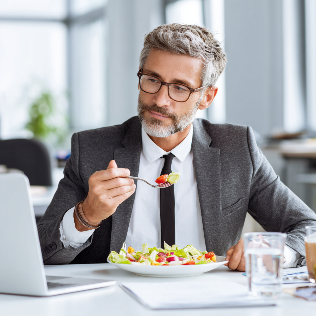 Smiling Ukrainian family enjoying a healthy meal together around a beautifully set dinner table with fresh vegetables and traditional dishes