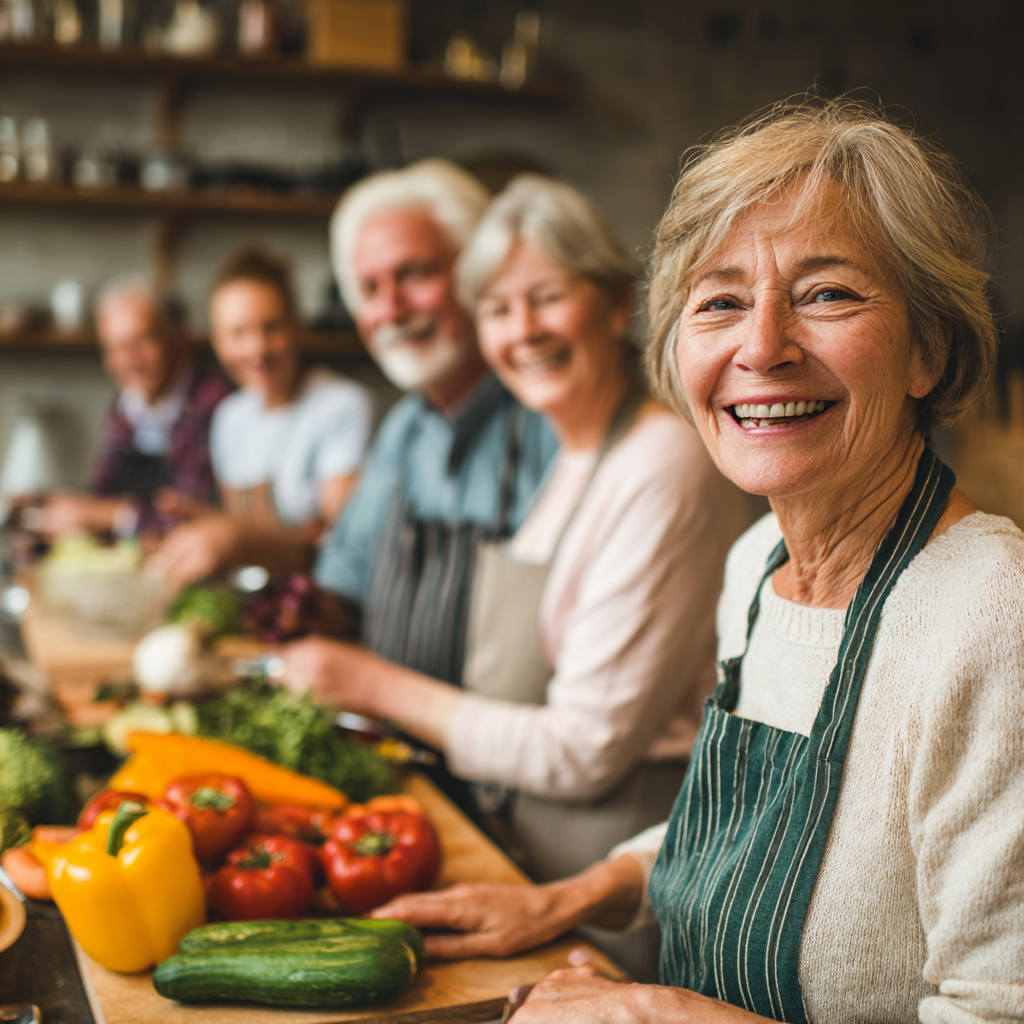 Elderly Ukrainian woman in a traditional kitchen preparing fresh vegetables and grains, showing various fiber-rich Ukrainian ingredients like buckwheat, beets, and cabbage